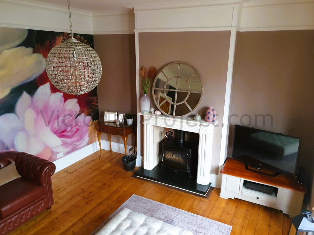 Living Room Mural Floorboards and Fireplace